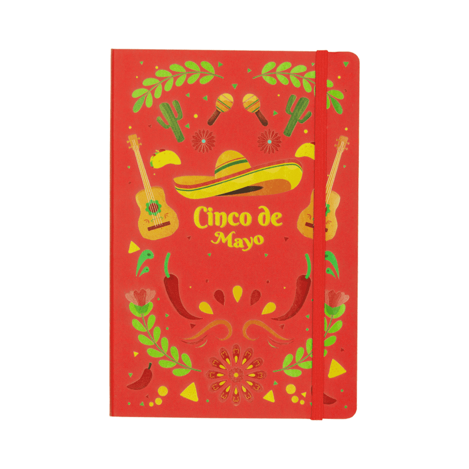 A red notebook featuring decorative illustrations related to Cinco de Mayo, including guitars, a sombrero, and vibrant motifs.