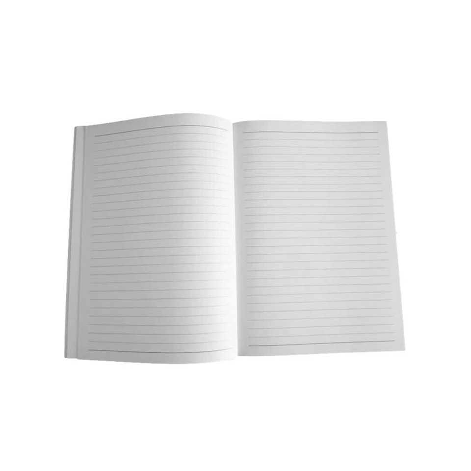 A refillable journal with a plain cover, featuring lined pages in a clean, open layout. It has a crisp white interior.