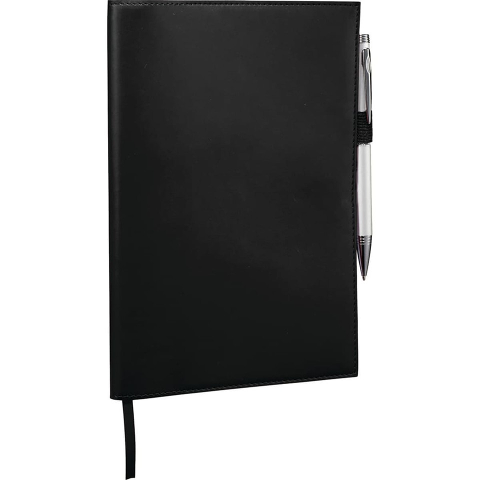 A black refillable journal with a pen holder and a ribbon bookmark, featuring a logo on the cover.
