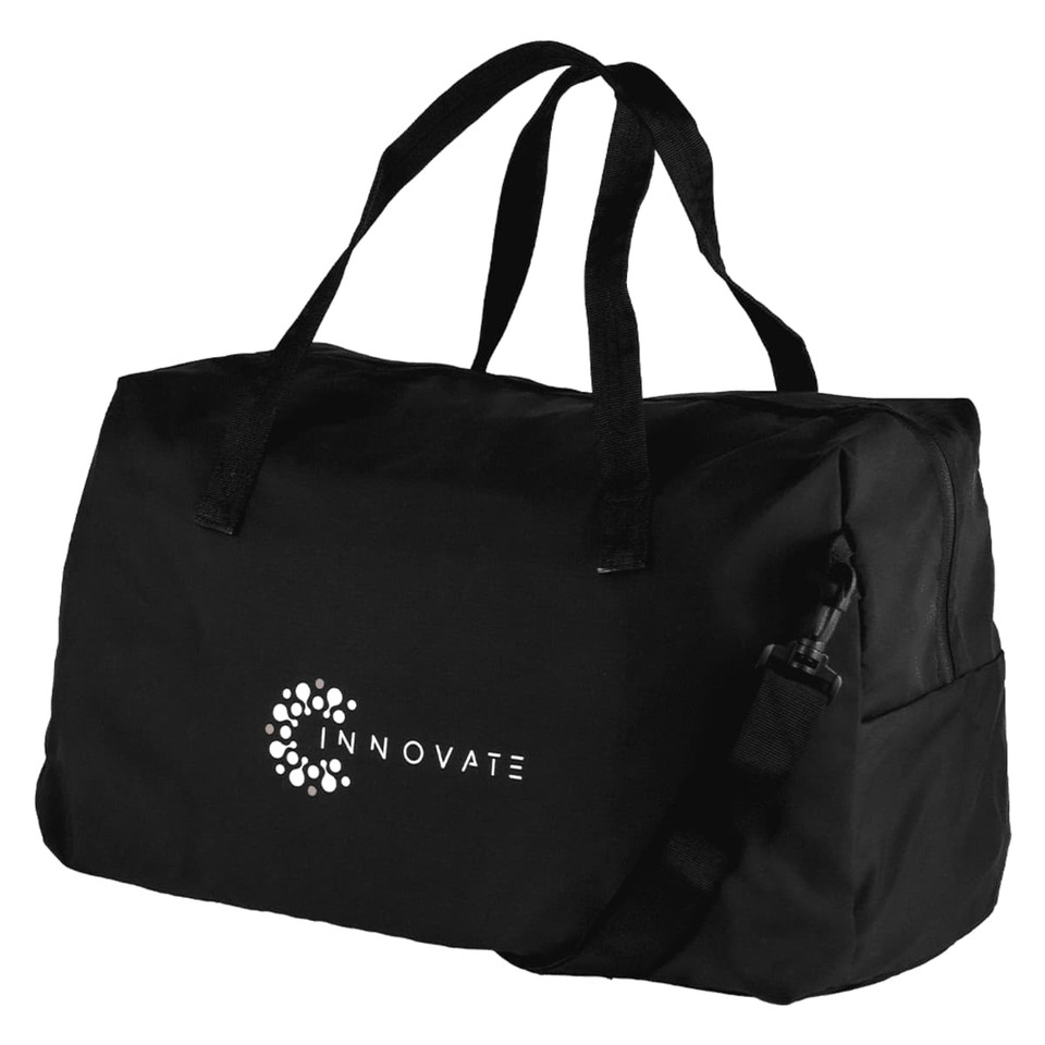 A black duffel bag with sturdy handles and a branding logo on the side.