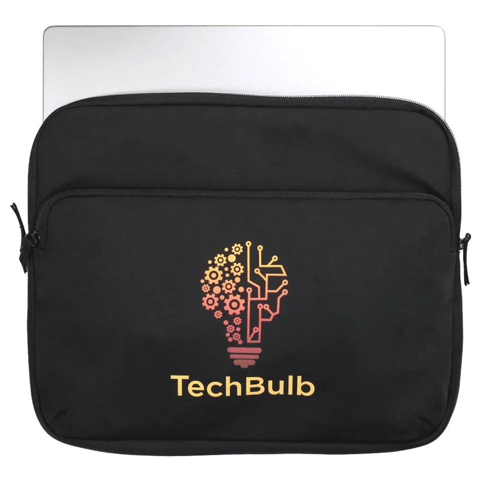 A black laptop sleeve features a light bulb design with gears and a logo, suitable for a laptop or device.