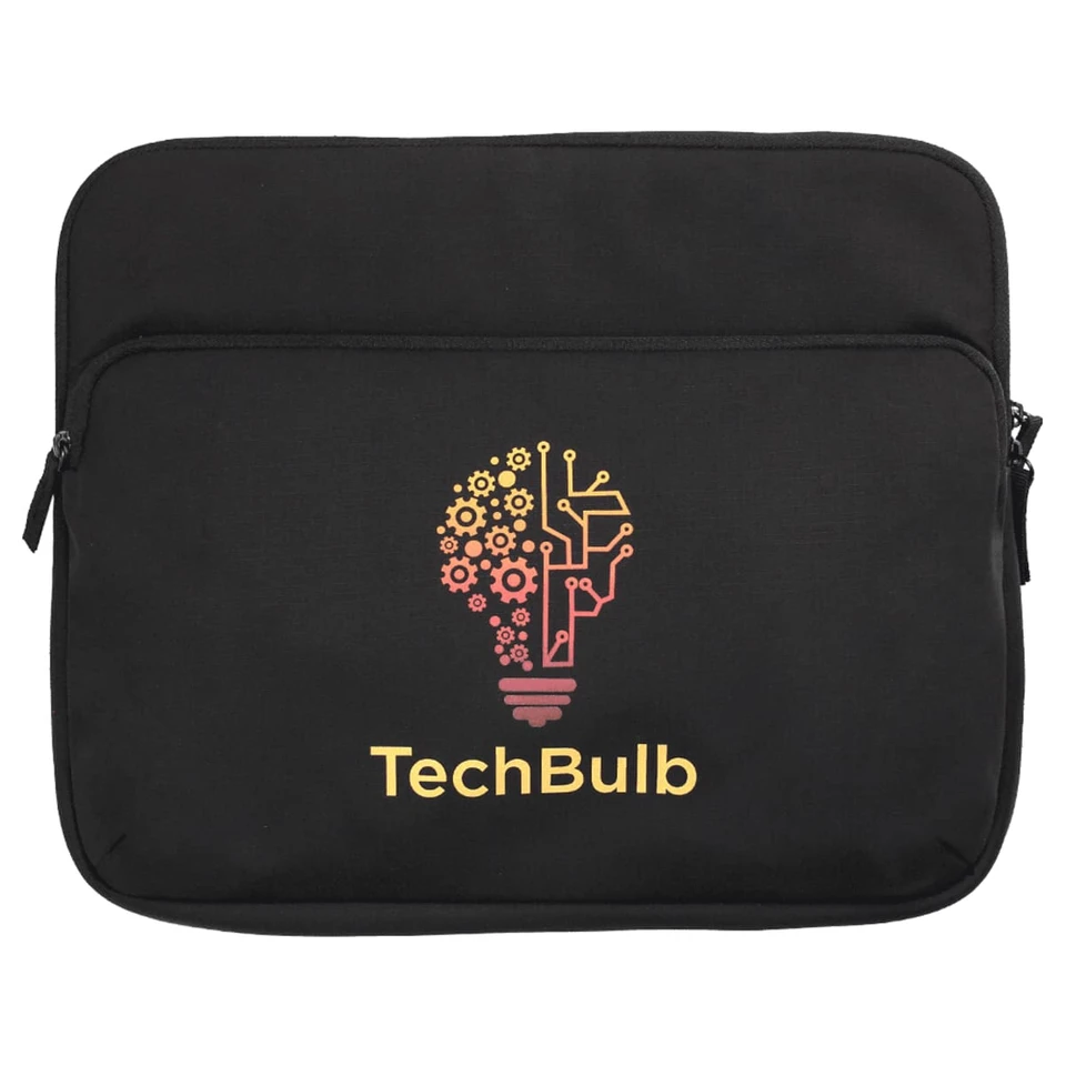 A black laptop sleeve featuring a graphic of a lightbulb with gears and a logo.