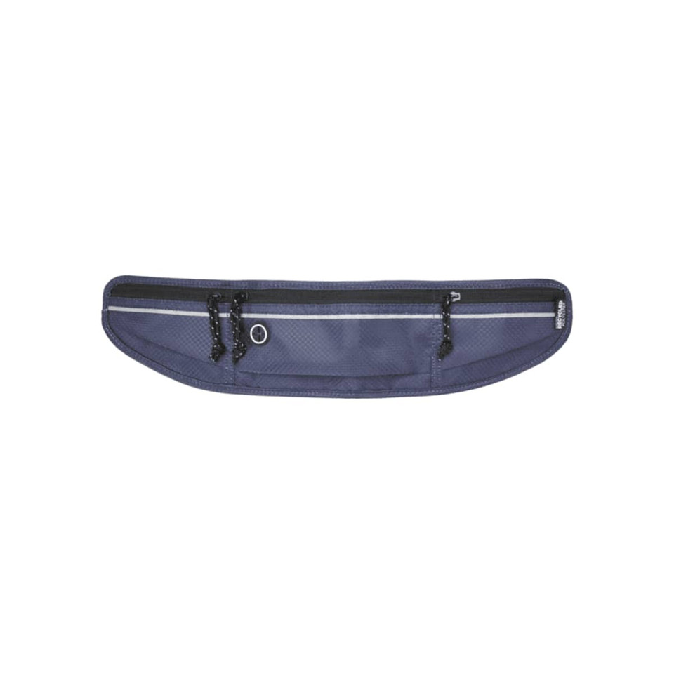 A navy waist pack featuring zippered compartments and a logo. Ideal for carrying essentials during activities.