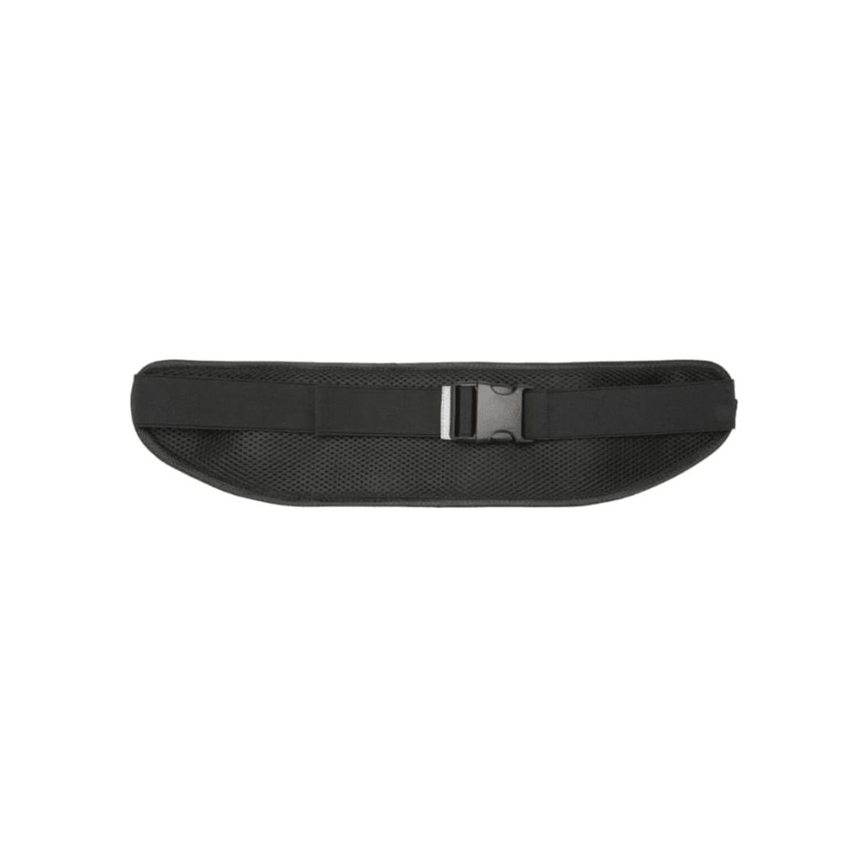 A black running waist pack featuring a buckle and mesh design, ideal for carrying essentials while active.