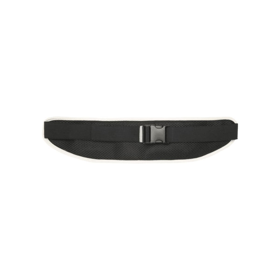 A black recycled running waist pack with a mesh design and a plastic buckle for fastening. It features a logo.