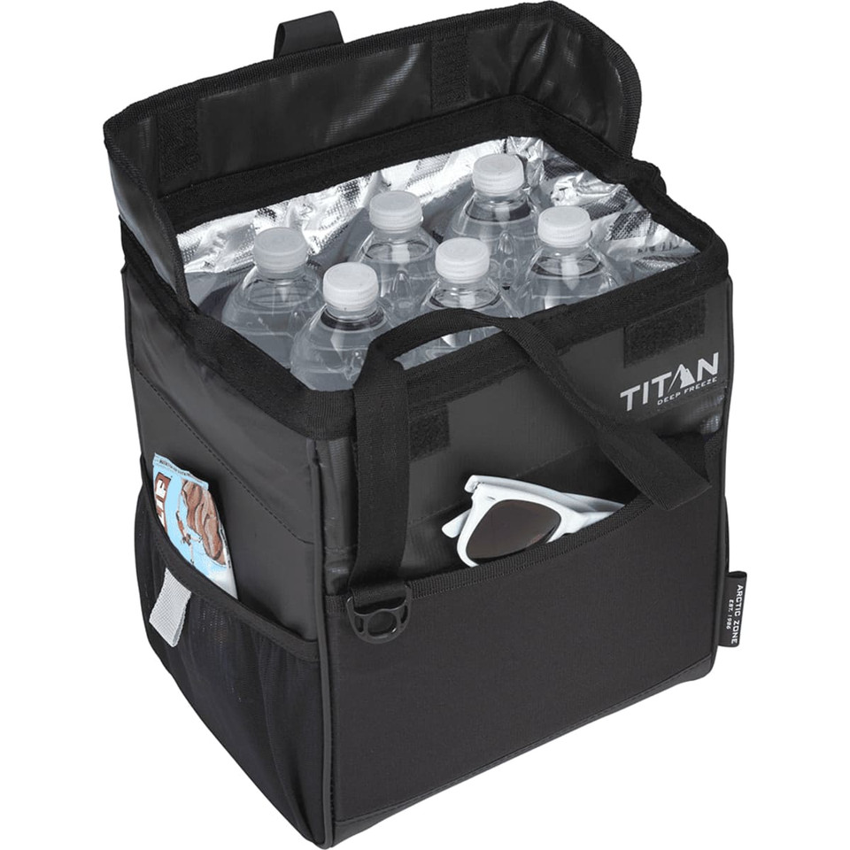 A black lunch cooler with a silver insulated interior, holding several water bottles and featuring a side pocket.
