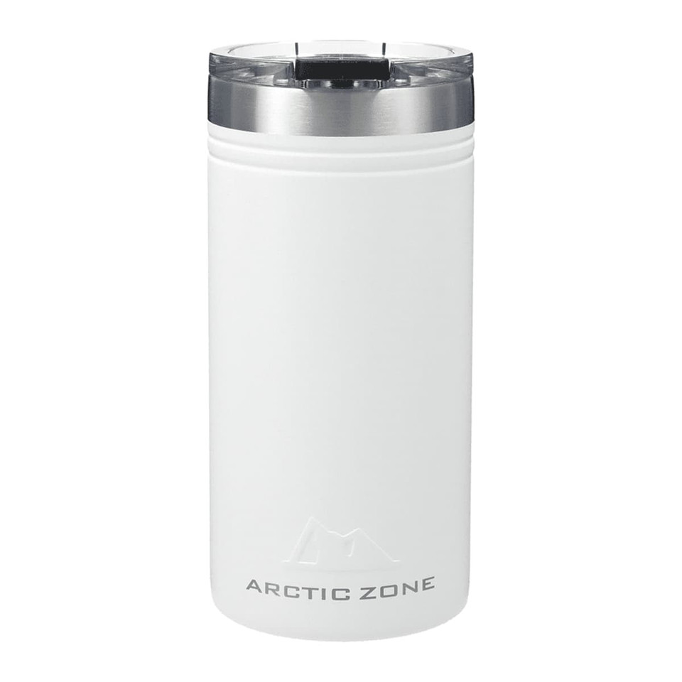 A drink bottle in white, featuring a sleek design and a stainless steel lid. It includes a logo on the front.