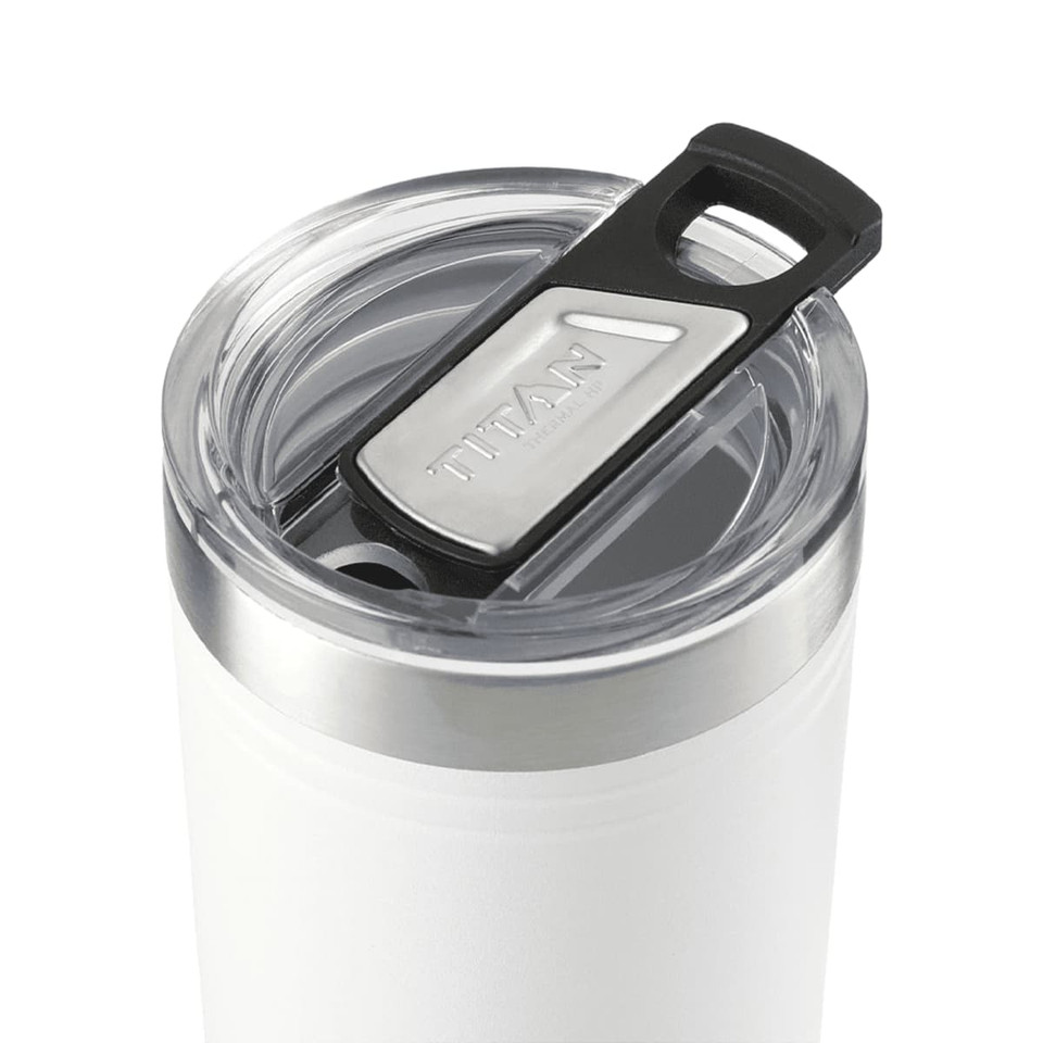 A drink bottle with a clear lid and black tab, featuring a stainless steel rim and a white body.