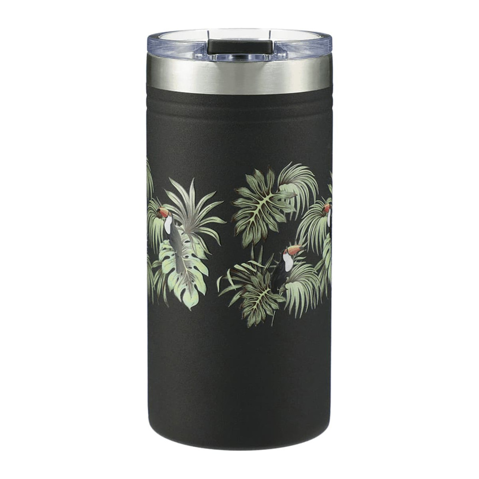 A drink bottle in matte black featuring tropical leaves design, with a silver lid and a branding logo.