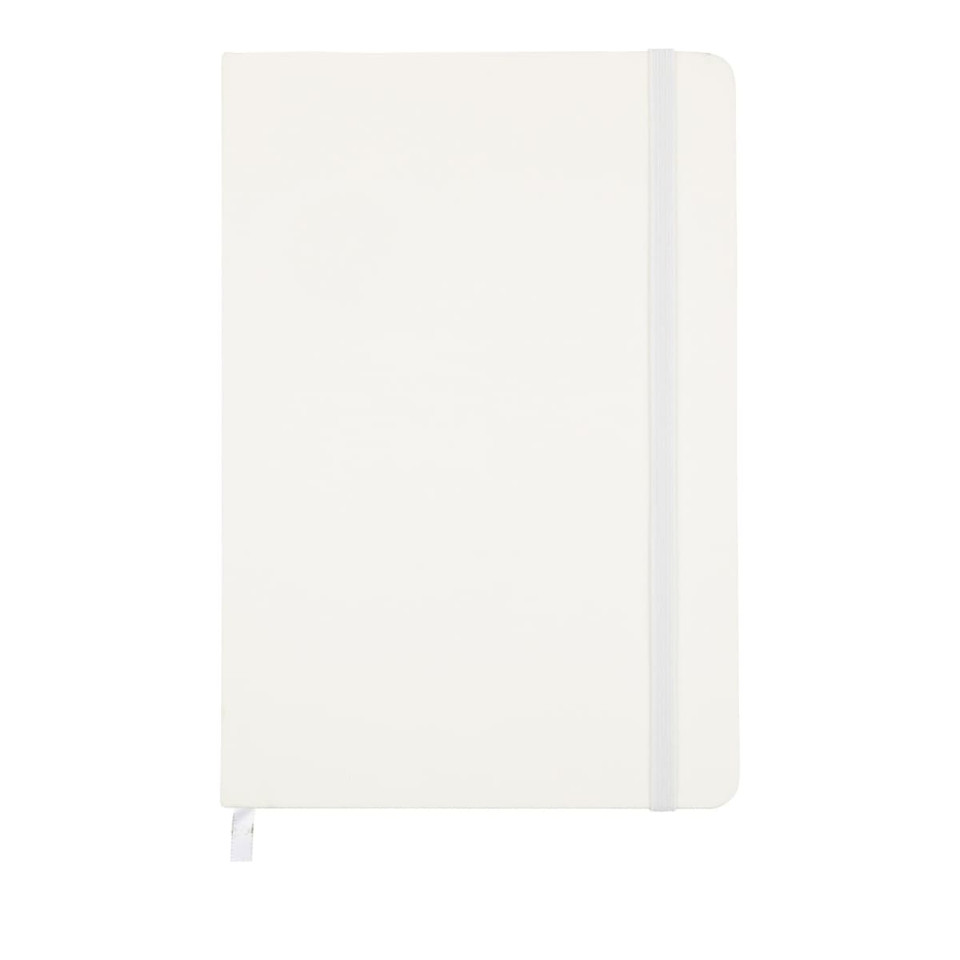 A white notebook with a grey elastic band and a ribbon bookmark. It has a smooth cover and no visible branding.