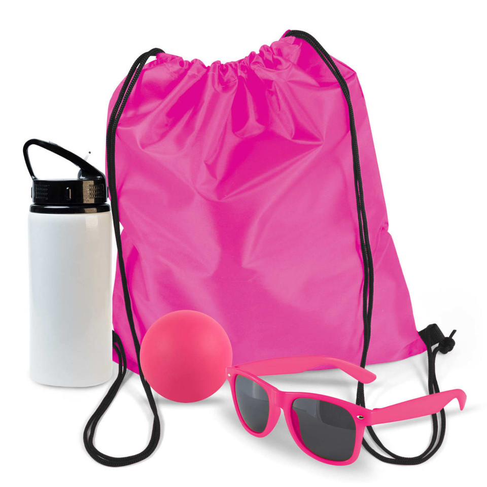 A pink drawstring backpack, a white drink bottle, a pink ball, and pink sunglasses.