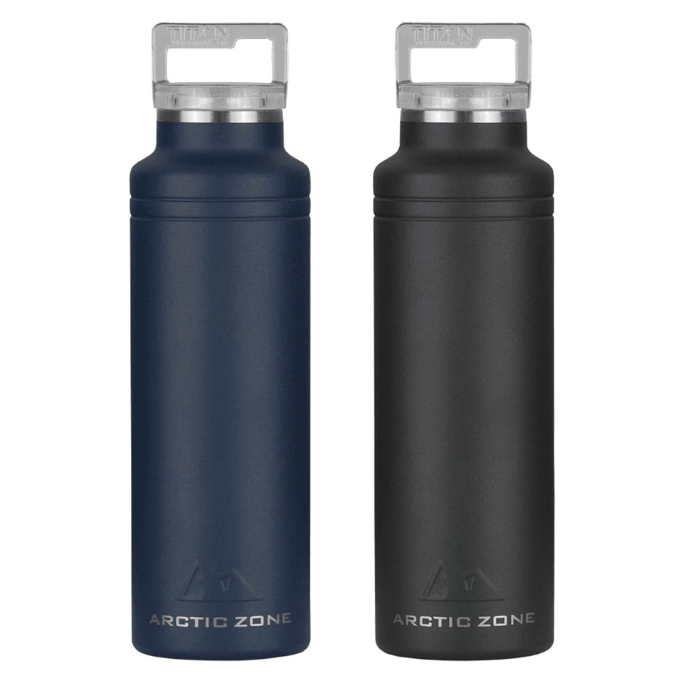 A drink bottle set featuring a navy blue and a black insulated design, both with a handle and a logo.
