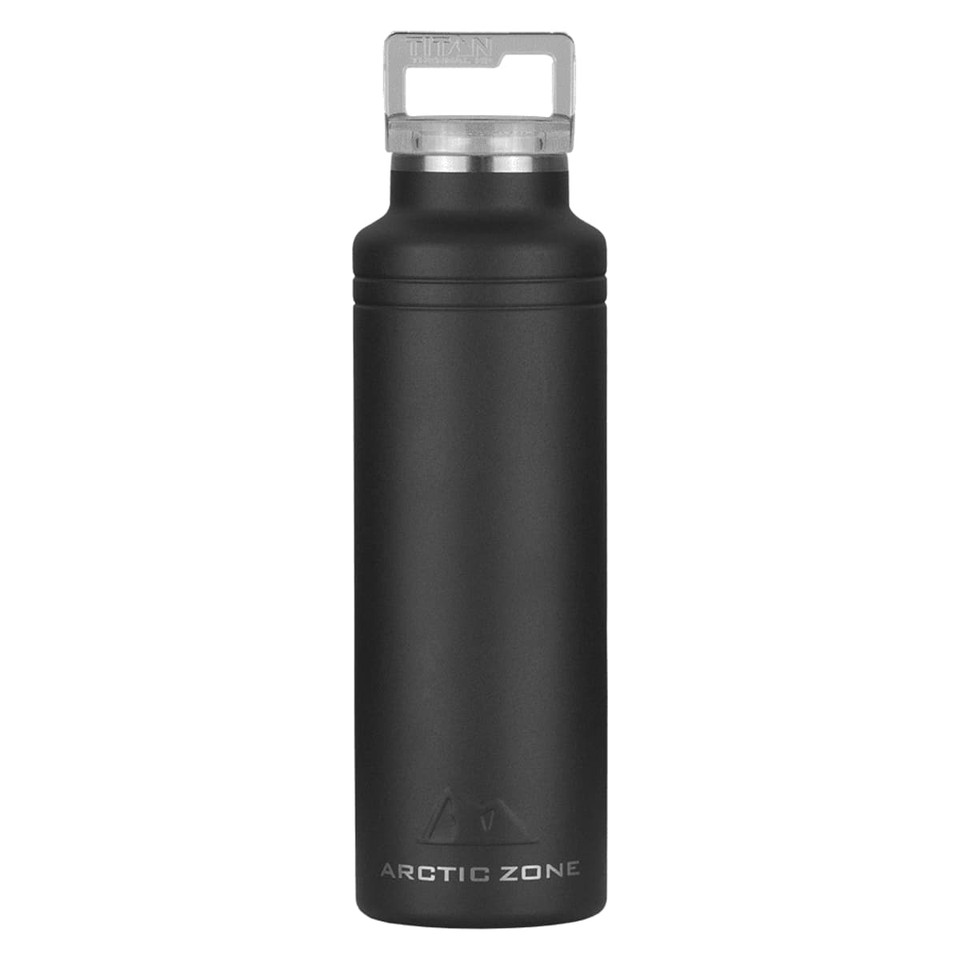 A drink bottle in matte black finish with a metallic grey cap and a logo, featuring a sleek, modern design.