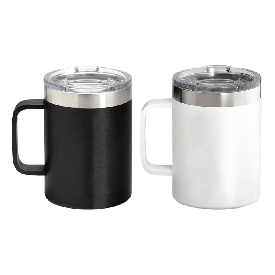 A drink mug set featuring one black and one white mug with stainless steel accents and clear lids.