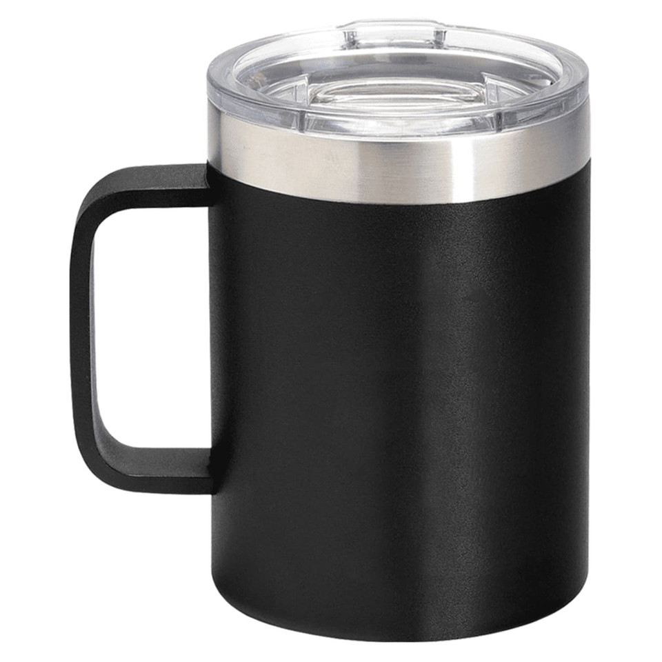 A drink mug with a stainless steel rim and a clear lid, featuring a matte black finish.