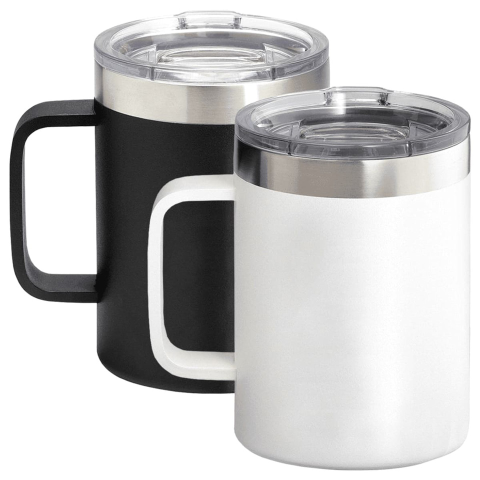 A drinkware set featuring two thermal copper mugs, one black and one white, with clear lids and handles.