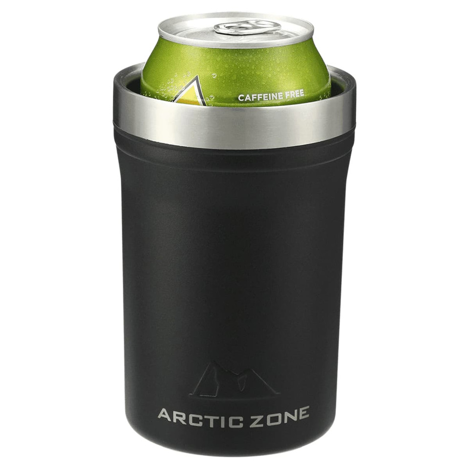 A drink bottle in matte black with a metallic rim, holding a can inside. It features a logo.