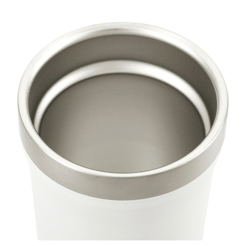 A drink bottle with a white exterior and stainless steel interior, featuring a simple design and a branding logo.