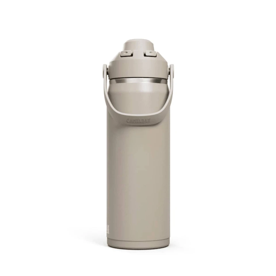 A drink bottle in a light beige colour with a handle and a screw-on lid, featuring a branding logo.
