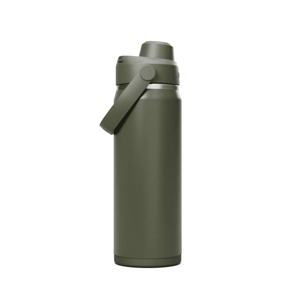A drink bottle in olive green with a flip lid and a handle, featuring a logo on the surface.