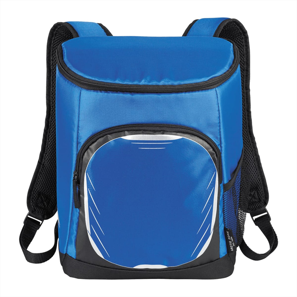A blue cooler backpack featuring a front pocket and dual shoulder straps. It has a logo on the front.