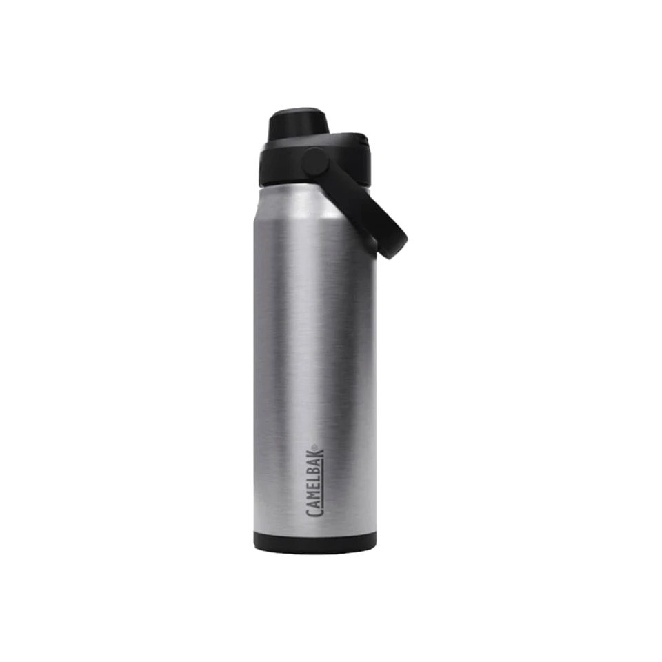 A drink bottle in stainless steel with a black cap and a logo, designed for easy chugging.