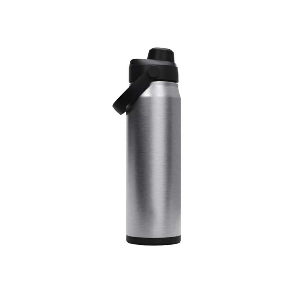 A drink bottle made of stainless steel, featuring a black lid and handle, with a sleek, metallic finish.