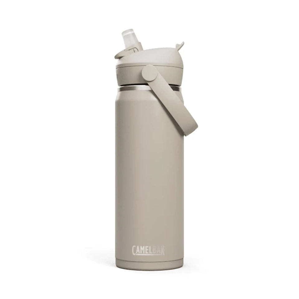 A drink bottle in a light beige colour with a flip straw and a side handle, featuring a logo.