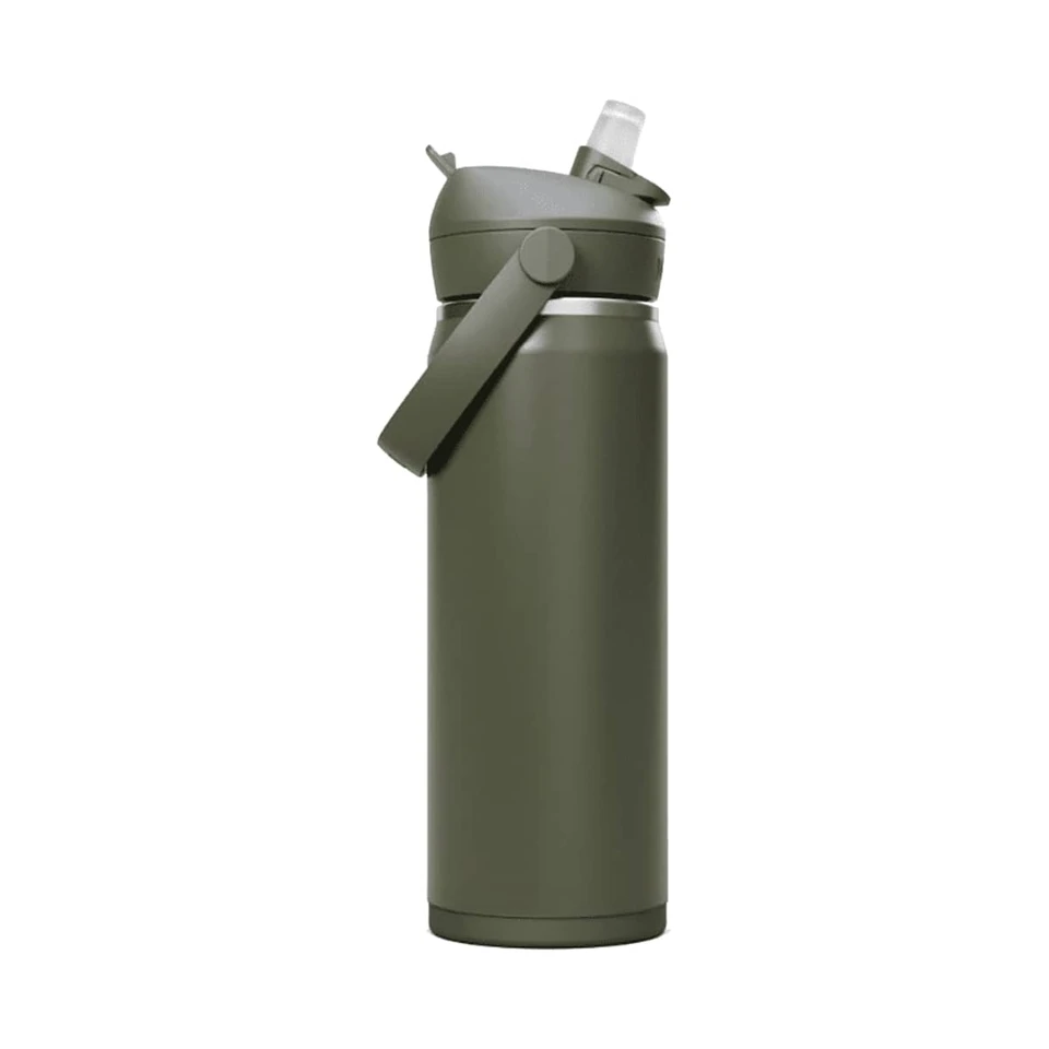 A drink bottle in olive green with a flip straw lid and carry handle, featuring a logo.
