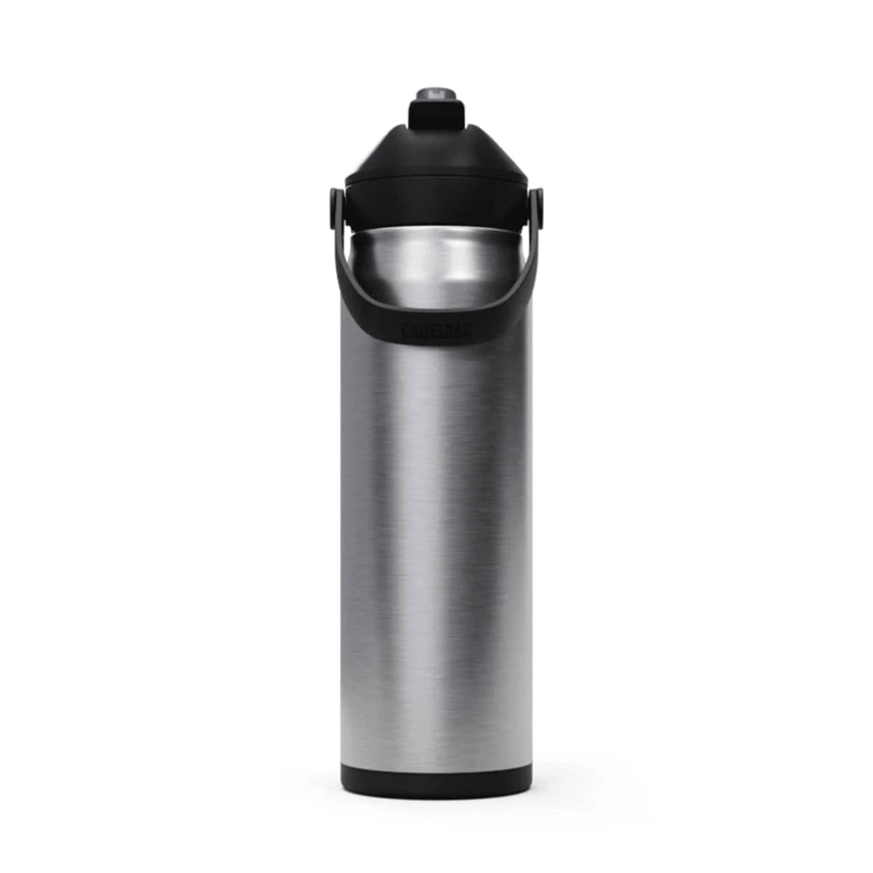 A drink bottle with a sleek stainless steel design and a black flip straw lid. It features a sturdy carrying handle.