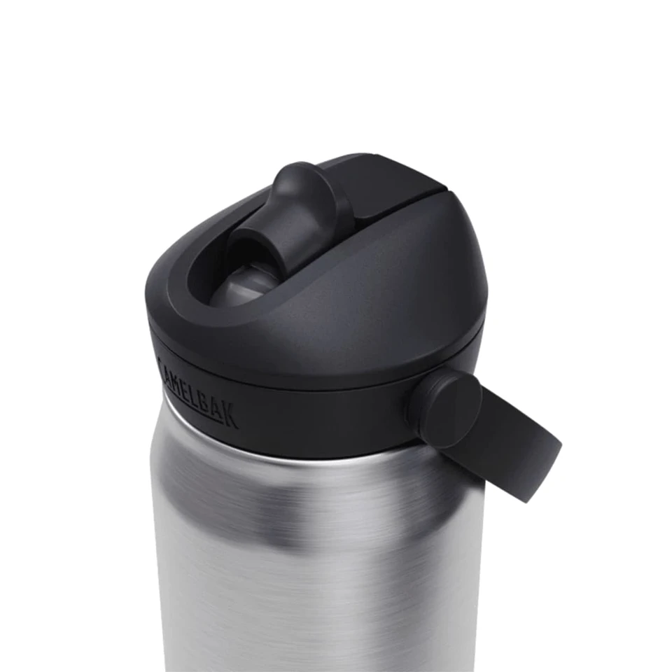 A drink bottle made of stainless steel with a black top and flip straw, featuring a logo.