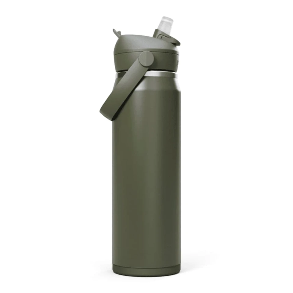 A drink bottle in olive green with a flip straw, featuring a silver stainless steel body and a handle.