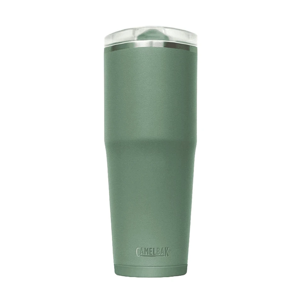 A drink bottle in a matte green finish with a transparent lid and a branded base.