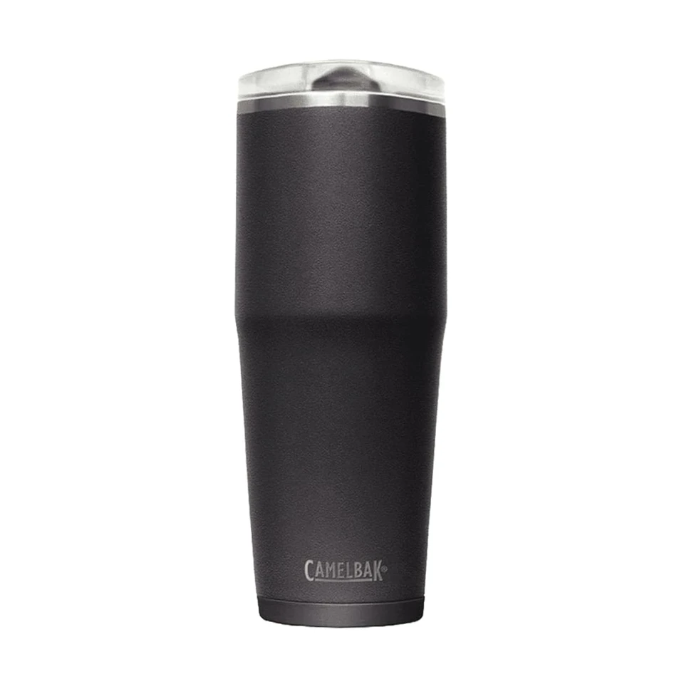 A drink bottle in matte black with a stainless steel lid and a logo on the front.