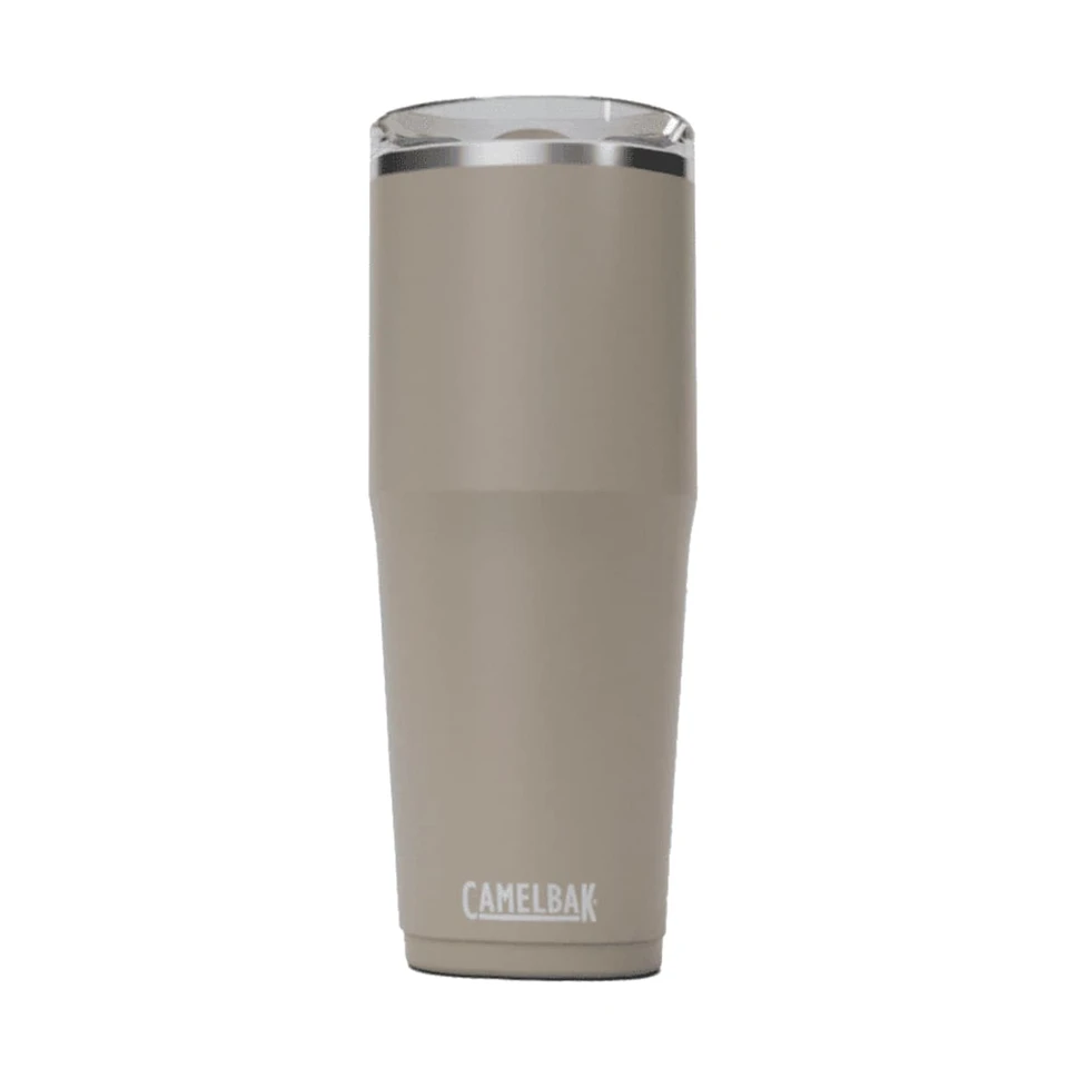 A drink bottle in a matte tan colour with a stainless steel lid and a logo at the bottom.