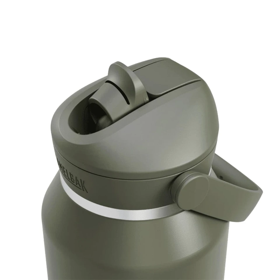 A drink bottle in olive green with a flip straw and a handle, featuring a circular cap and a visible logo.