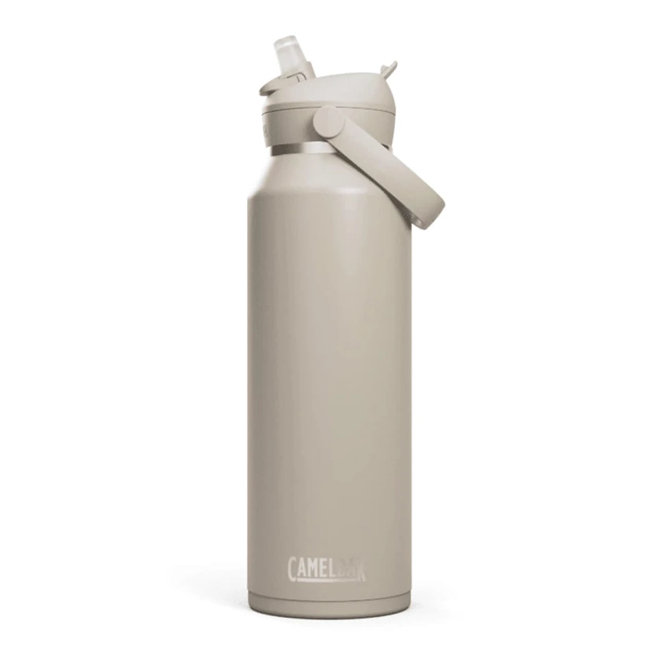 A drink bottle in a light beige colour with a flip straw and a side handle, featuring a logo.