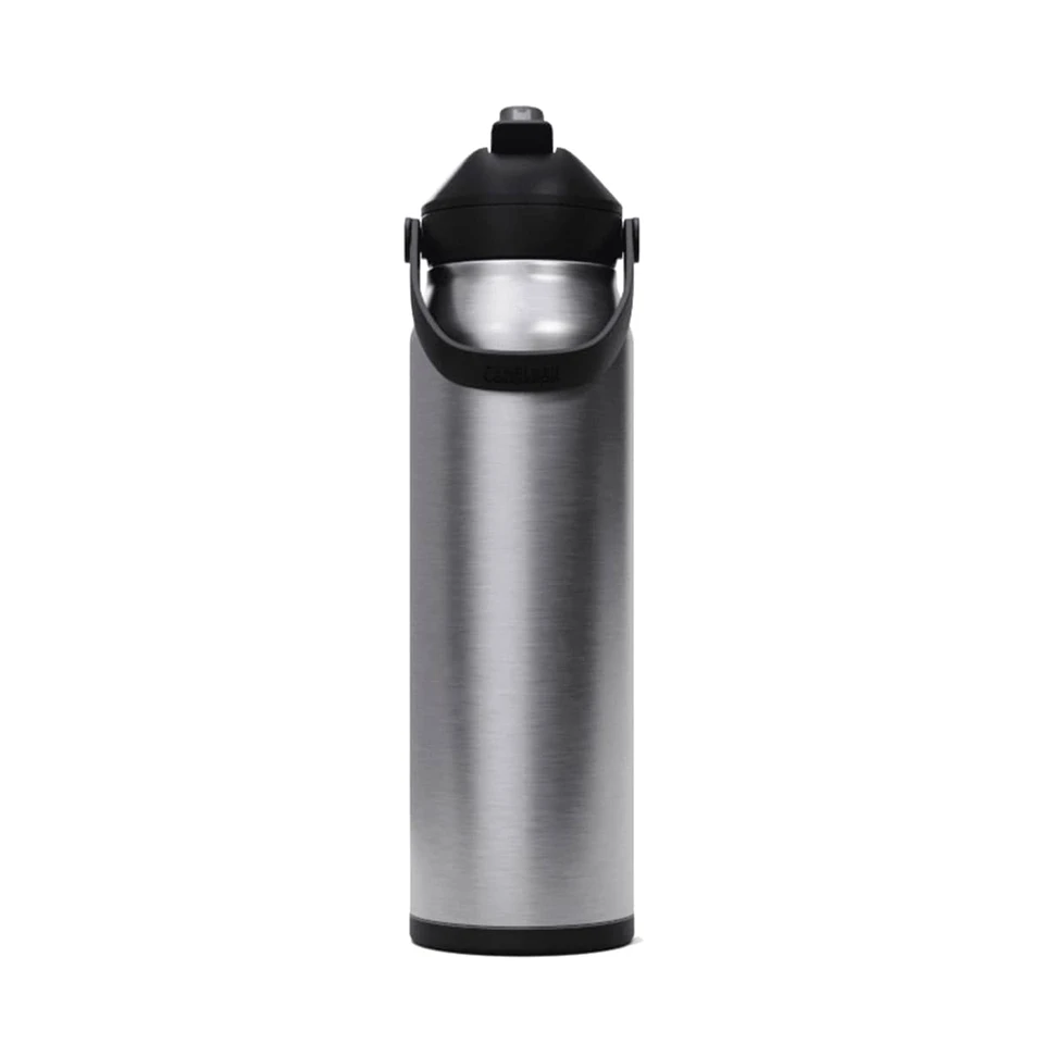 A drink bottle with a shiny silver stainless steel body and a black flip straw lid. It features a built-in handle.
