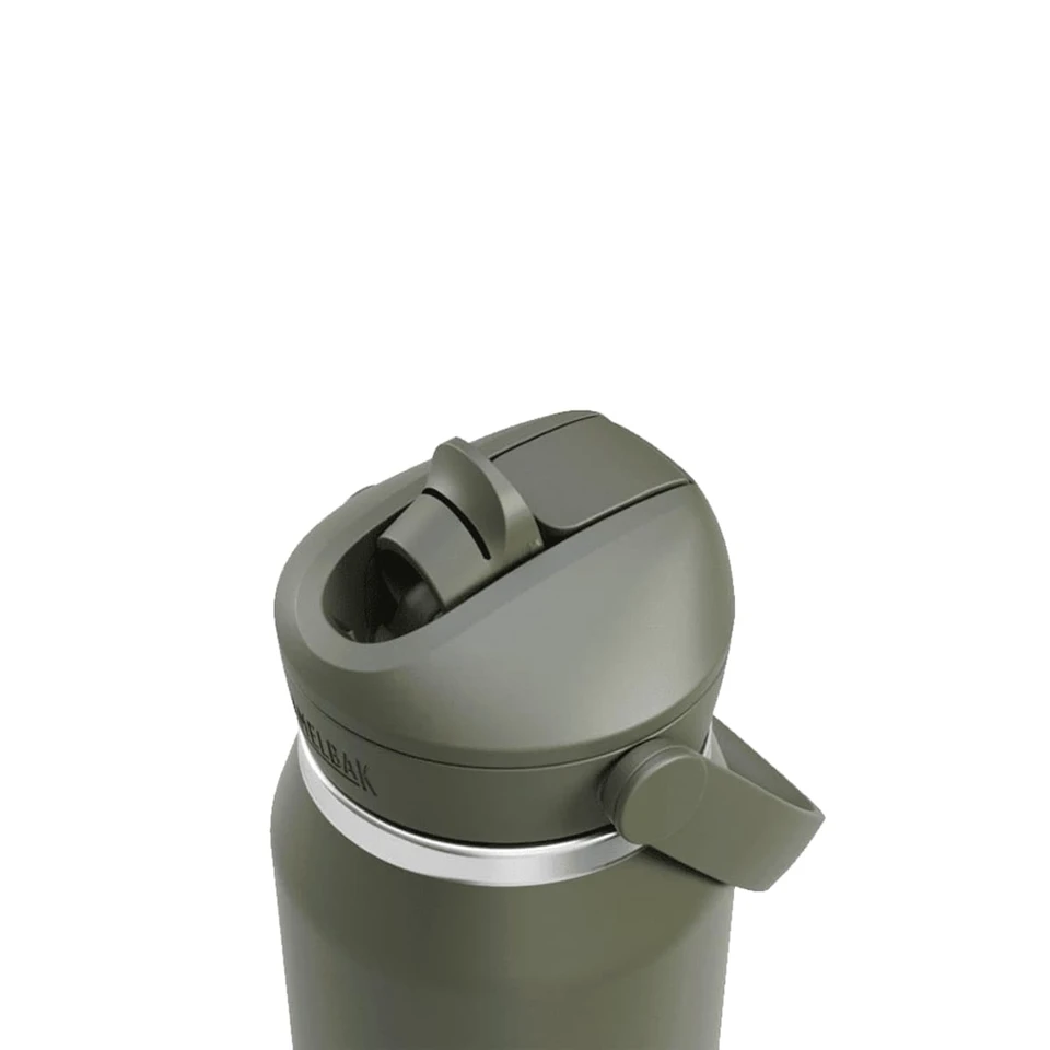 A drink bottle in dark green featuring a flip straw and a silver accent around the top, with a logo on the side.
