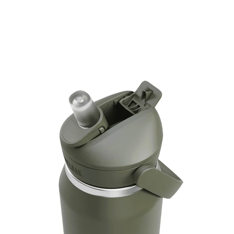 A drink bottle in olive green, featuring a flip straw and a secured lid with a spout; includes a logo.