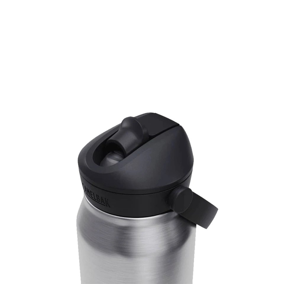 A drink bottle with a stainless steel body and a black flip straw lid, featuring an attached handle.