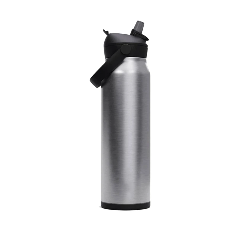 A drink bottle in a sleek, silver metallic finish, featuring a black flip straw lid and a carrying handle.