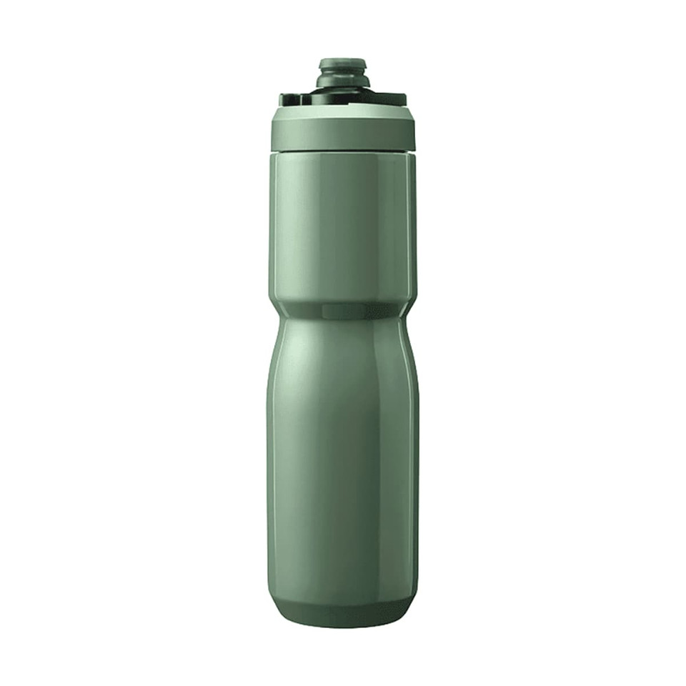 A drink bottle in a matte green finish with a curved design and a black cap, featuring a logo.