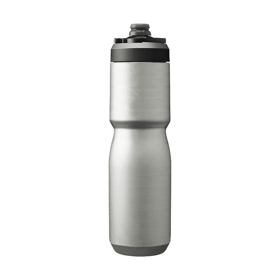 A drink bottle in stainless steel with a black lid and a logo. It has a capacity of 0.65L.