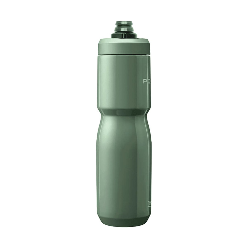 A drink bottle in a sleek, matte green finish with a branding logo on the side.