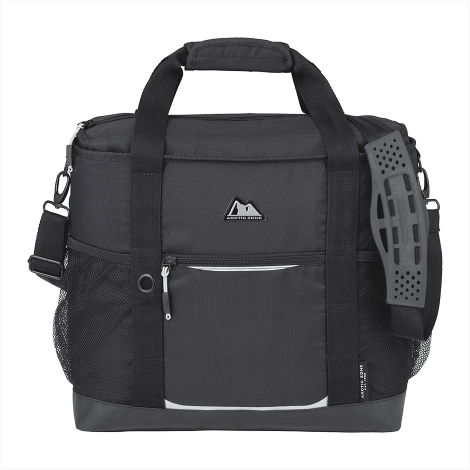 A black cooler bag with a sturdy handle, mesh pockets, and a shoulder strap, featuring a logo on the front.
