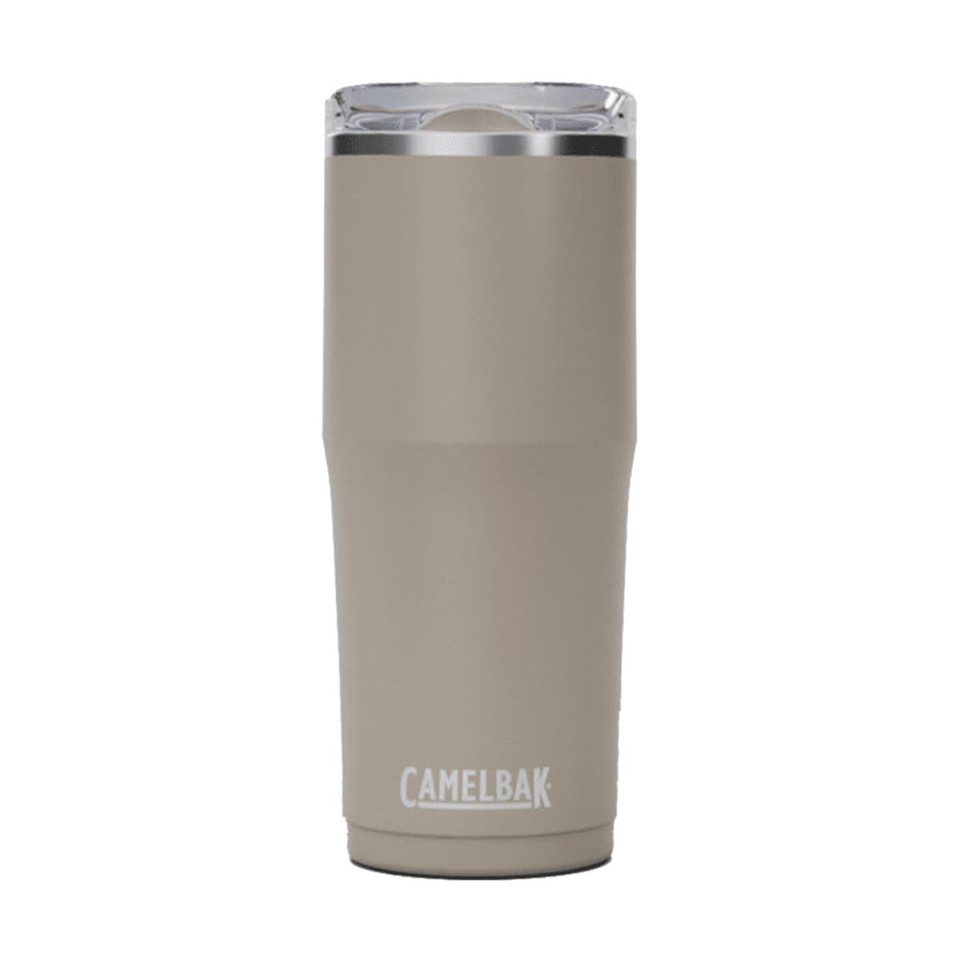 A drink bottle in a light brown shade with a clear lid and a logo.