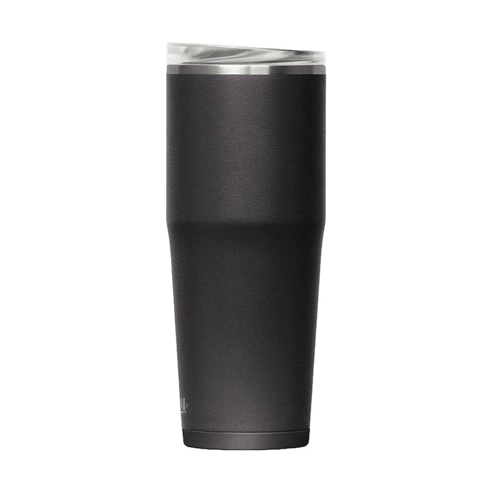 A drink bottle in matte black with a clear lid, featuring a sleek, tapered design and a branding logo.