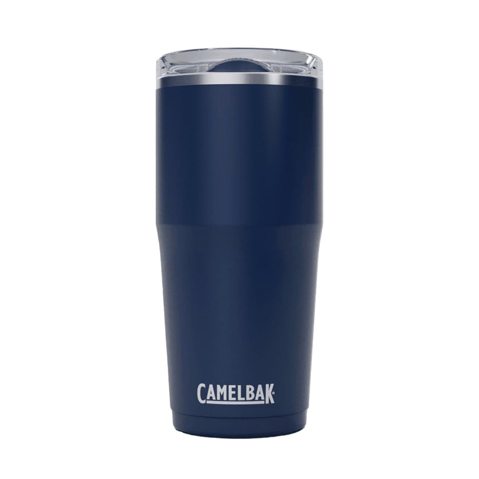 A drink bottle in navy blue with a clear lid, featuring a logo. Suitable for travel and on-the-go use.