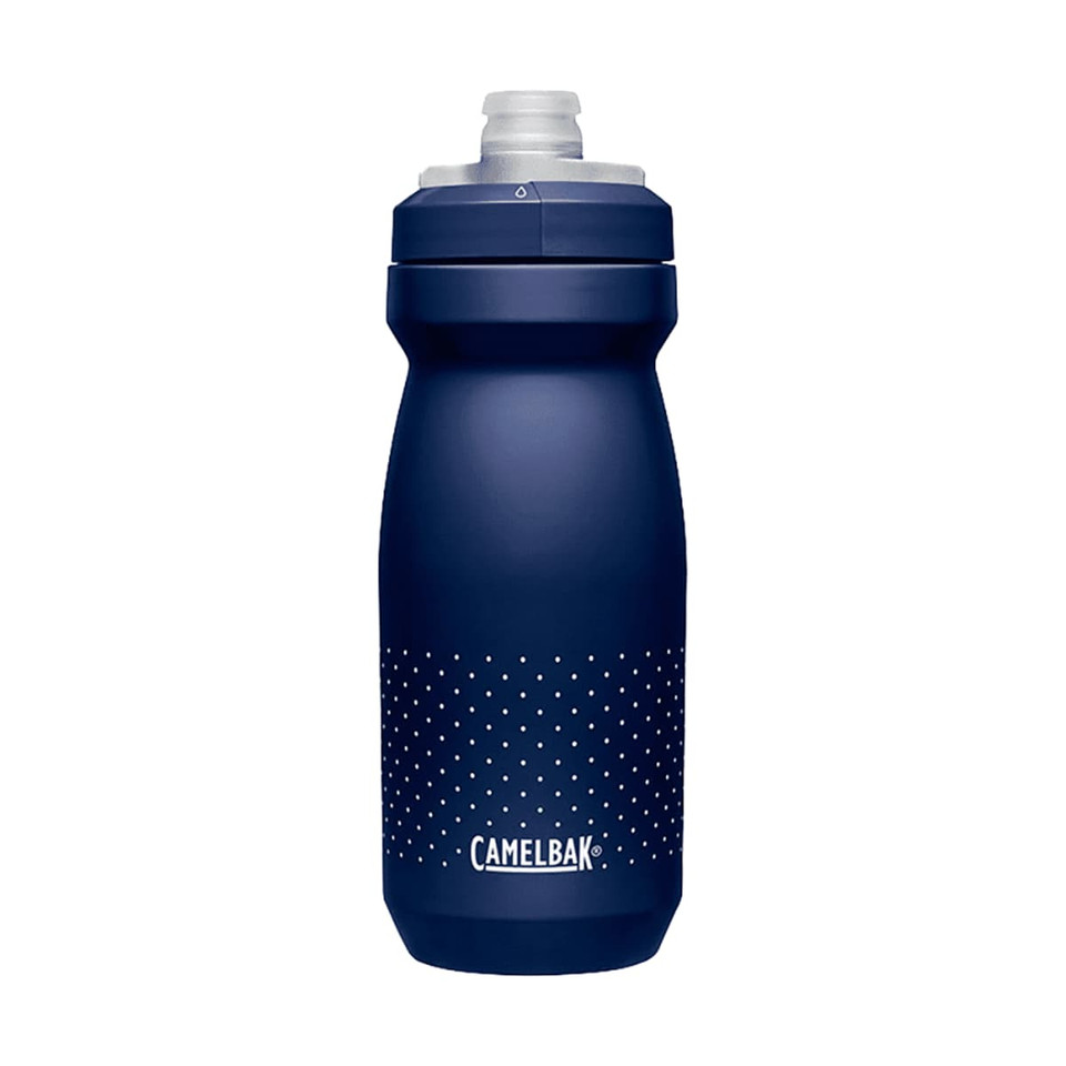A drink bottle in navy blue with a textured grip and a spout lid, featuring a logo.